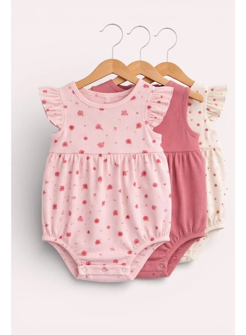 فكتور اند جين Baby Girls Floral Ribbed Bodysuit Rompers – Pack of 3 (Pink & Neutral Tones)